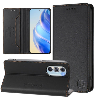 Motorola Edge 30 Pro Dual-Folded Magnetic Suction RFID Blocking PU Leather Wallet Phone Case with Card Slots, Cash Pocket, Kickstand, Full Protective Flip Cover