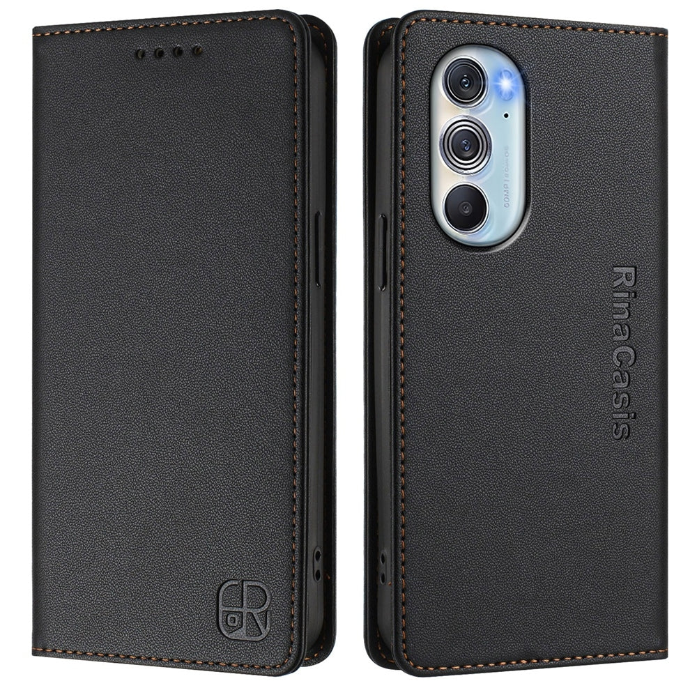 Motorola Edge 30 Pro Dual-Folded Magnetic Suction RFID Blocking PU Leather Wallet Phone Case with Card Slots, Cash Pocket, Kickstand, Full Protective Flip Cover