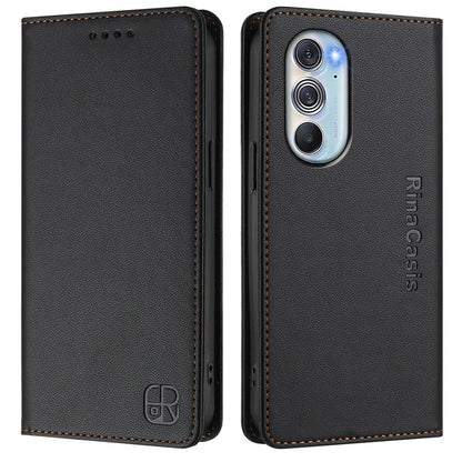 Motorola Edge 30 Pro Dual-Folded Magnetic Suction RFID Blocking PU Leather Wallet Phone Case with Card Slots, Cash Pocket, Kickstand, Full Protective Flip Cover