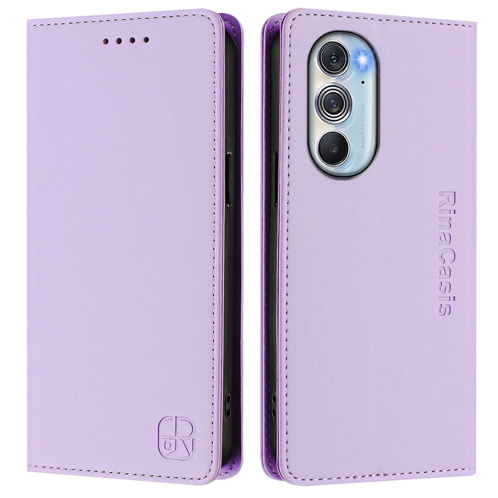 Motorola Edge 30 Pro Dual-Folded Magnetic Suction RFID Blocking PU Leather Wallet Phone Case with Card Slots, Cash Pocket, Kickstand, Full Protective Flip Cover