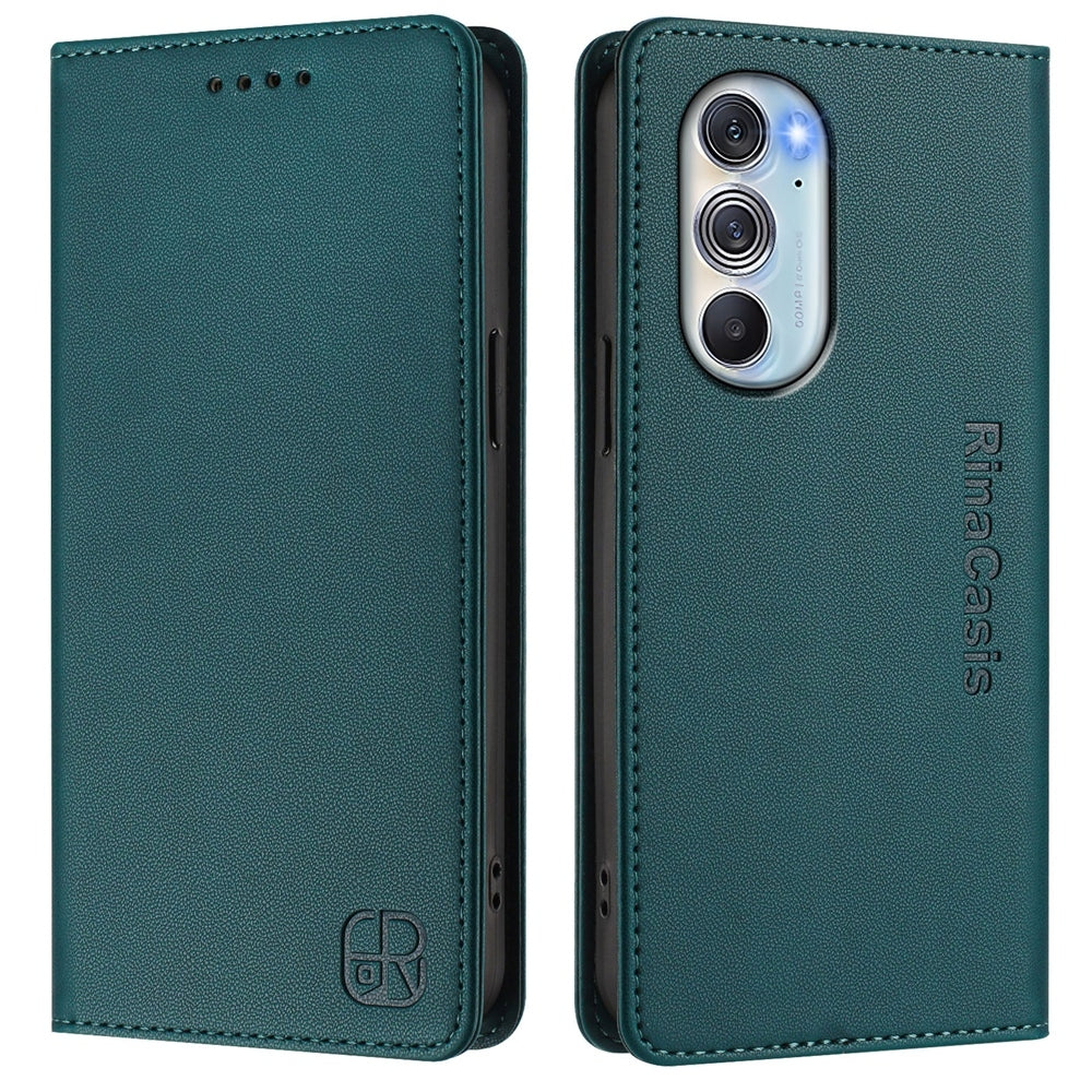 Motorola Edge 30 Pro Dual-Folded Magnetic Suction RFID Blocking PU Leather Wallet Phone Case with Card Slots, Cash Pocket, Kickstand, Full Protective Flip Cover