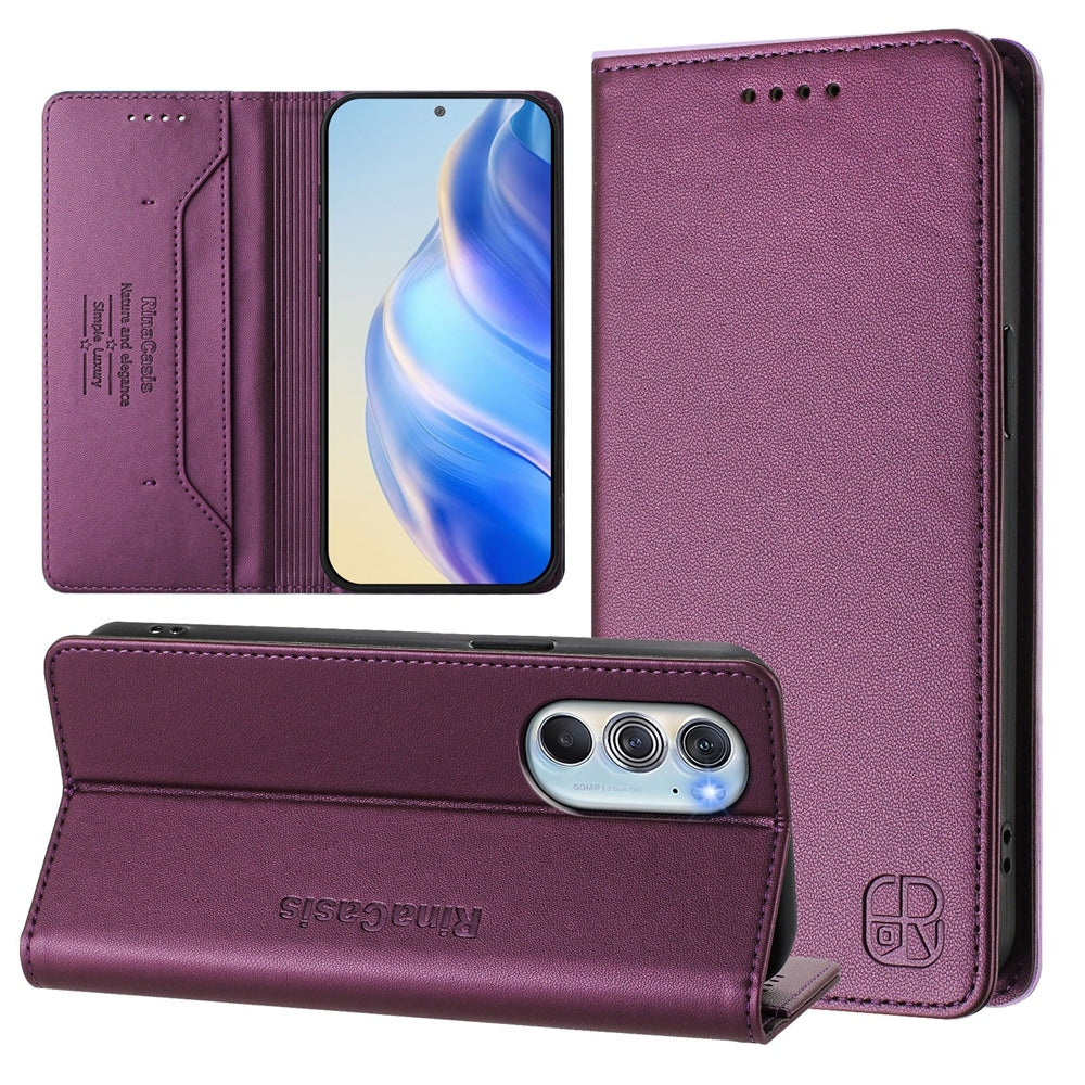 Motorola Edge 30 Pro Dual-Folded Magnetic Suction RFID Blocking PU Leather Wallet Phone Case with Card Slots, Cash Pocket, Kickstand, Full Protective Flip Cover
