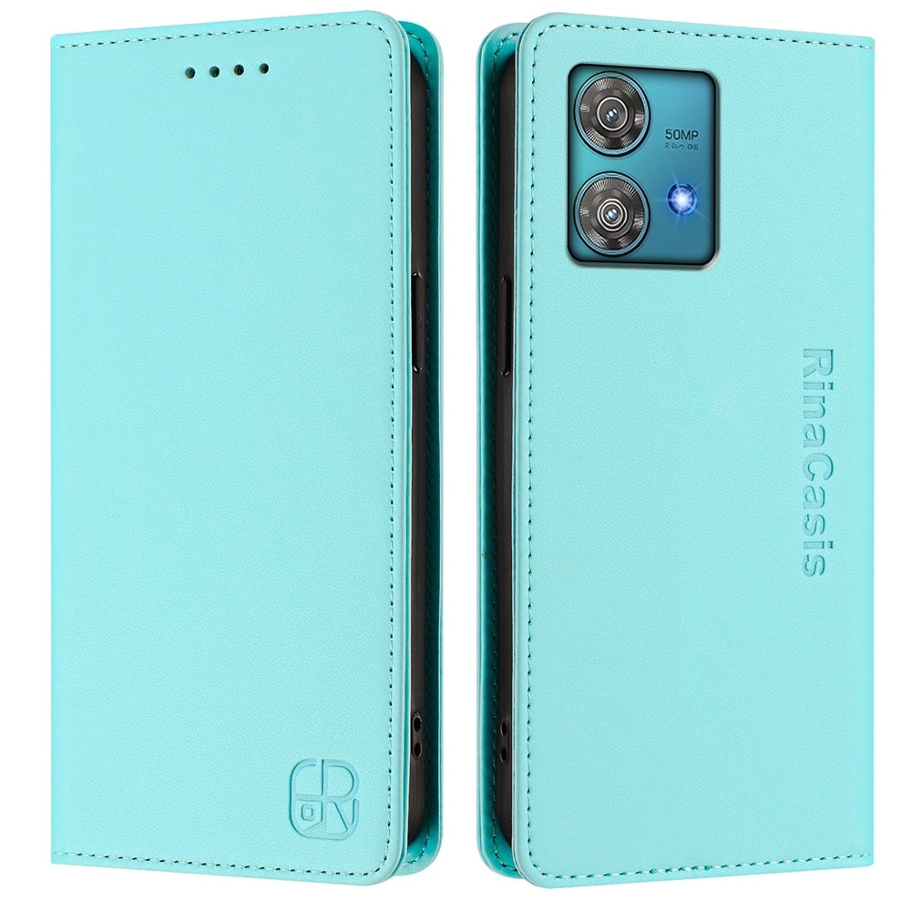 Motorola Edge 40 Neo Dual-Folded Magnetic Suction RFID Blocking PU Leather Wallet Phone Case with Card Slots, Cash Pocket, Kickstand, Full Protective Flip Cover