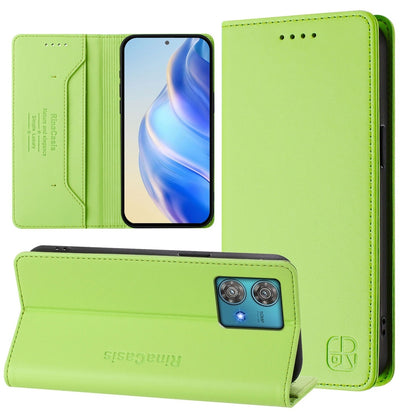 Motorola Edge 40 Neo Dual-Folded Magnetic Suction RFID Blocking PU Leather Wallet Phone Case with Card Slots, Cash Pocket, Kickstand, Full Protective Flip Cover