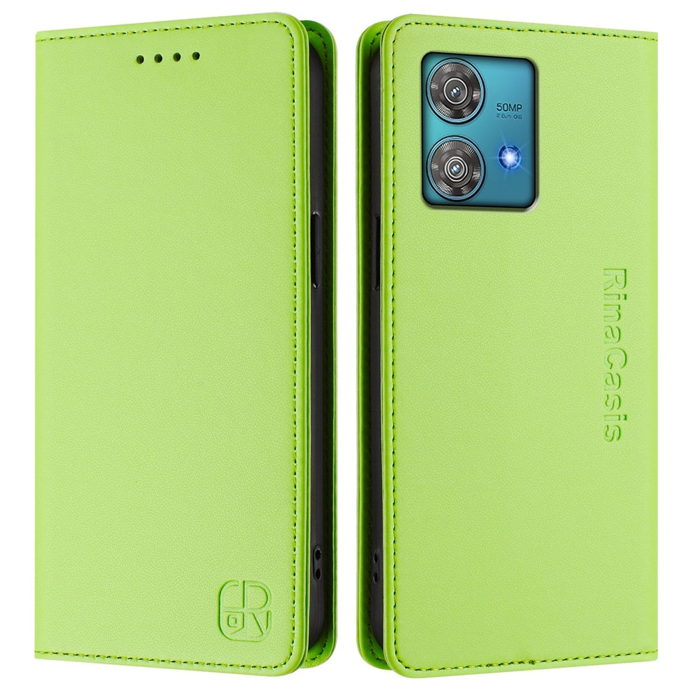 Motorola Edge 40 Neo Dual-Folded Magnetic Suction RFID Blocking PU Leather Wallet Phone Case with Card Slots, Cash Pocket, Kickstand, Full Protective Flip Cover