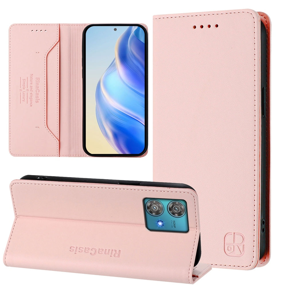 Motorola Edge 40 Neo Dual-Folded Magnetic Suction RFID Blocking PU Leather Wallet Phone Case with Card Slots, Cash Pocket, Kickstand, Full Protective Flip Cover