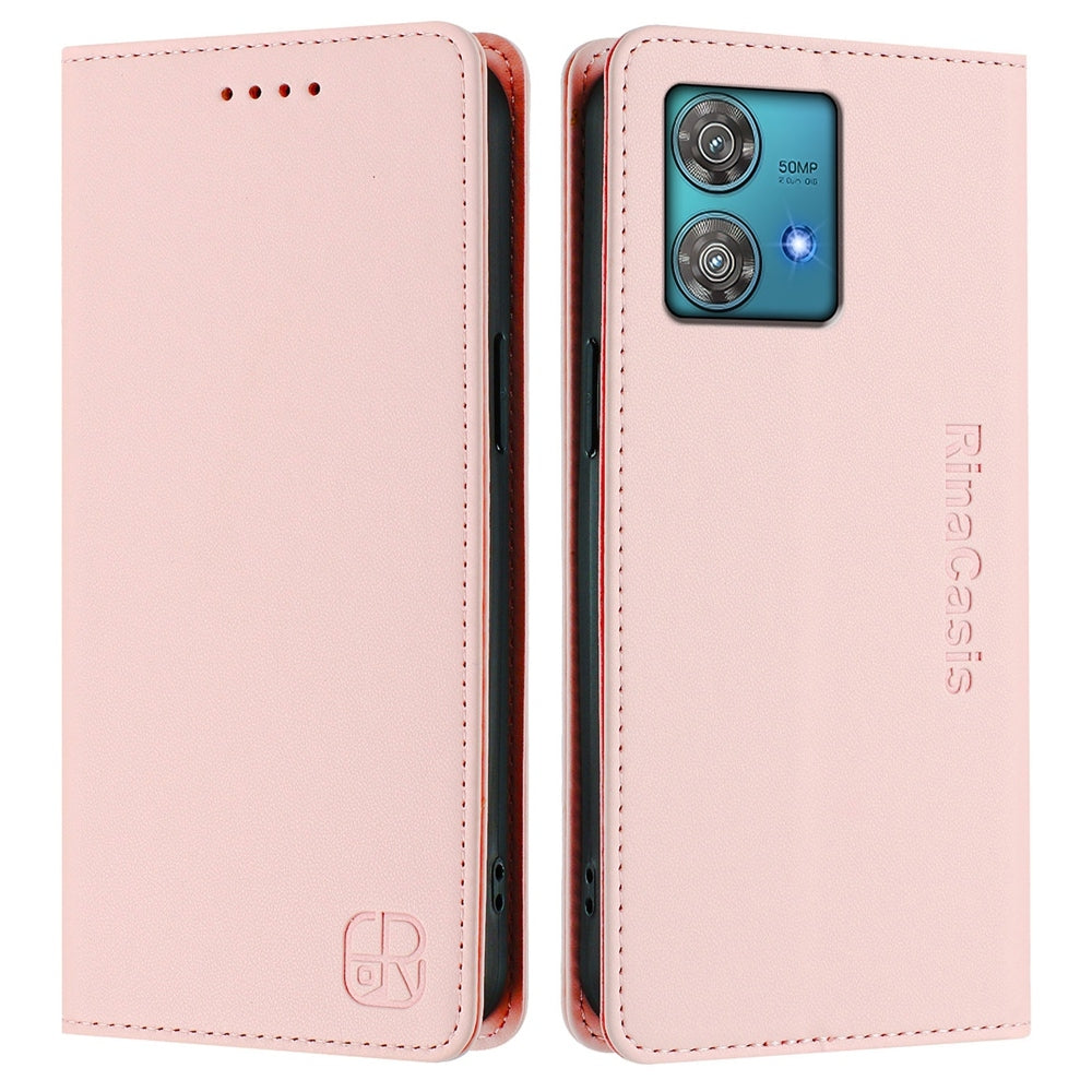 Motorola Edge 40 Neo Dual-Folded Magnetic Suction RFID Blocking PU Leather Wallet Phone Case with Card Slots, Cash Pocket, Kickstand, Full Protective Flip Cover