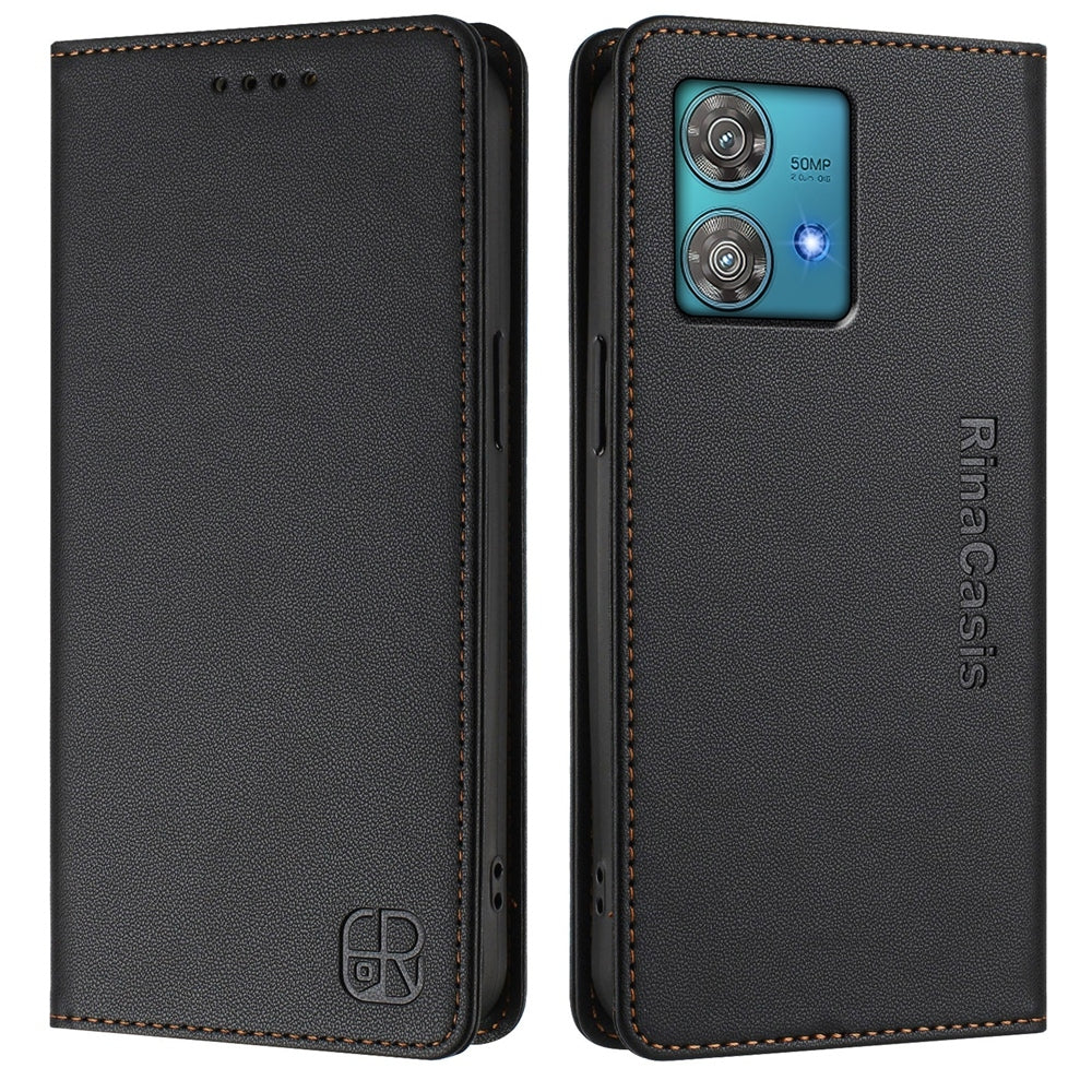 Motorola Edge 40 Neo Dual-Folded Magnetic Suction RFID Blocking PU Leather Wallet Phone Case with Card Slots, Cash Pocket, Kickstand, Full Protective Flip Cover