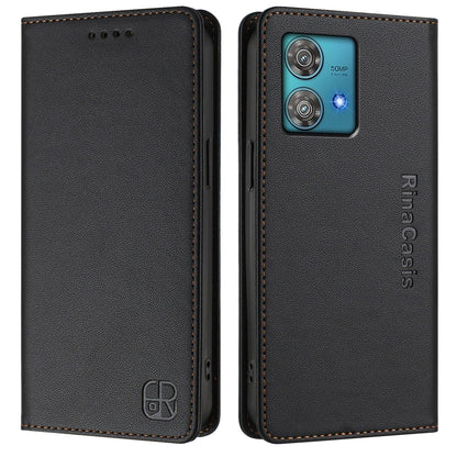 Motorola Edge 40 Neo Dual-Folded Magnetic Suction RFID Blocking PU Leather Wallet Phone Case with Card Slots, Cash Pocket, Kickstand, Full Protective Flip Cover