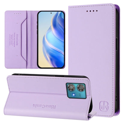 Motorola Edge 40 Neo Dual-Folded Magnetic Suction RFID Blocking PU Leather Wallet Phone Case with Card Slots, Cash Pocket, Kickstand, Full Protective Flip Cover