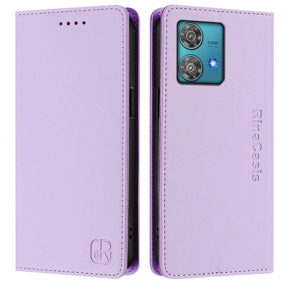 Motorola Edge 40 Neo Dual-Folded Magnetic Suction RFID Blocking PU Leather Wallet Phone Case with Card Slots, Cash Pocket, Kickstand, Full Protective Flip Cover
