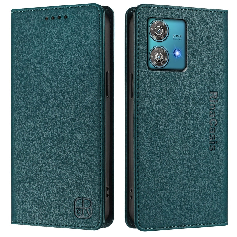 Motorola Edge 40 Neo Dual-Folded Magnetic Suction RFID Blocking PU Leather Wallet Phone Case with Card Slots, Cash Pocket, Kickstand, Full Protective Flip Cover