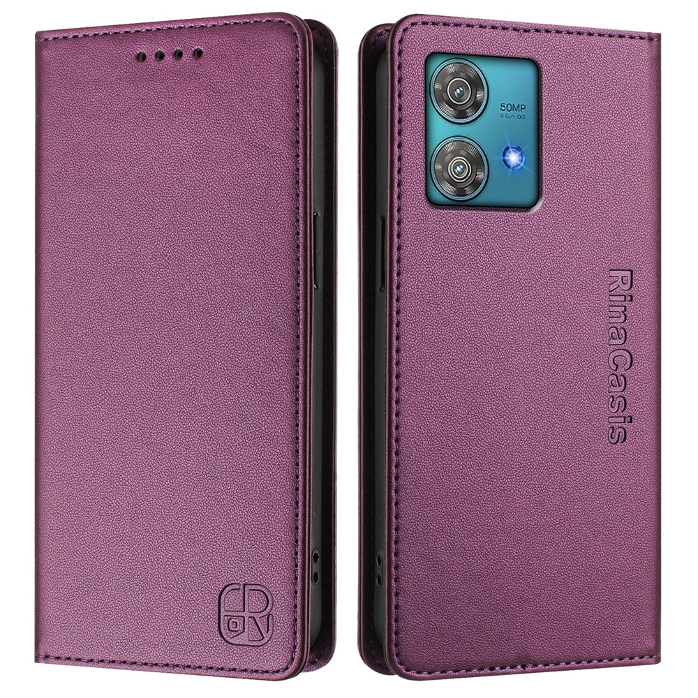 Motorola Edge 40 Neo Dual-Folded Magnetic Suction RFID Blocking PU Leather Wallet Phone Case with Card Slots, Cash Pocket, Kickstand, Full Protective Flip Cover