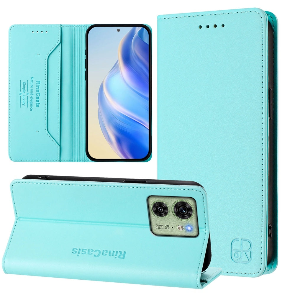 Motorola Edge 40 Dual-Folded Magnetic Suction RFID Blocking PU Leather Wallet Phone Case with Card Slots, Cash Pocket, Kickstand, Full Protective Flip Cover