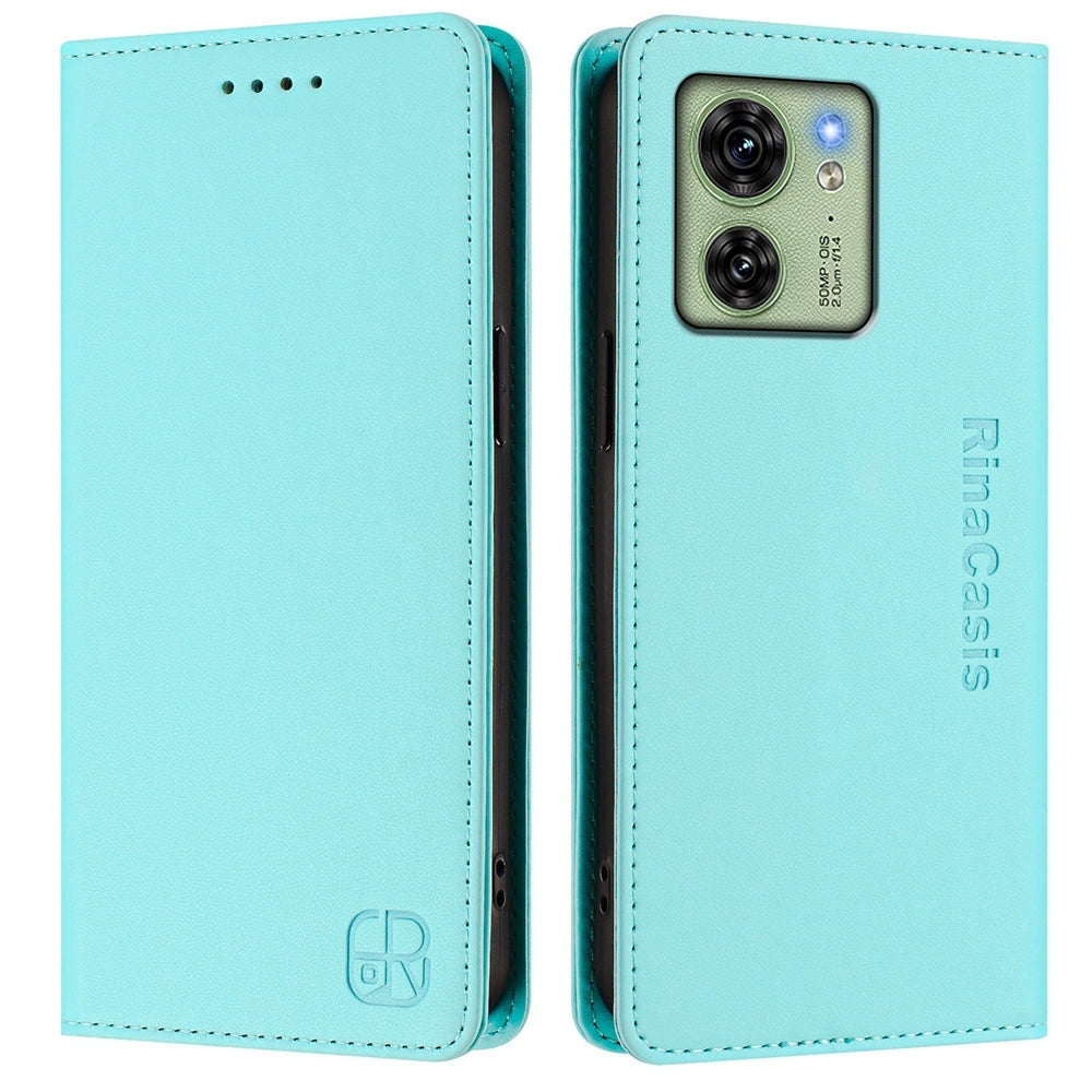 Motorola Edge 40 Dual-Folded Magnetic Suction RFID Blocking PU Leather Wallet Phone Case with Card Slots, Cash Pocket, Kickstand, Full Protective Flip Cover