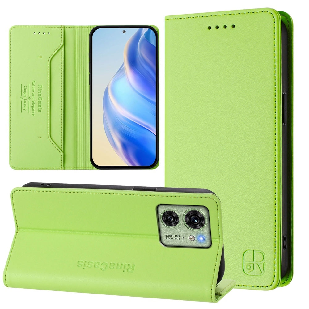 Motorola Edge 2023 US Dual-Folded Magnetic Suction RFID Blocking PU Leather Wallet Phone Case with Card Slots, Cash Pocket, Kickstand, Full Protective Flip Cover