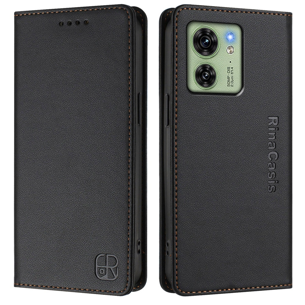 Motorola Edge 40 Dual-Folded Magnetic Suction RFID Blocking PU Leather Wallet Phone Case with Card Slots, Cash Pocket, Kickstand, Full Protective Flip Cover