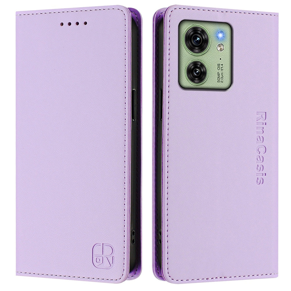 Motorola Edge 2023 US Dual-Folded Magnetic Suction RFID Blocking PU Leather Wallet Phone Case with Card Slots, Cash Pocket, Kickstand, Full Protective Flip Cover