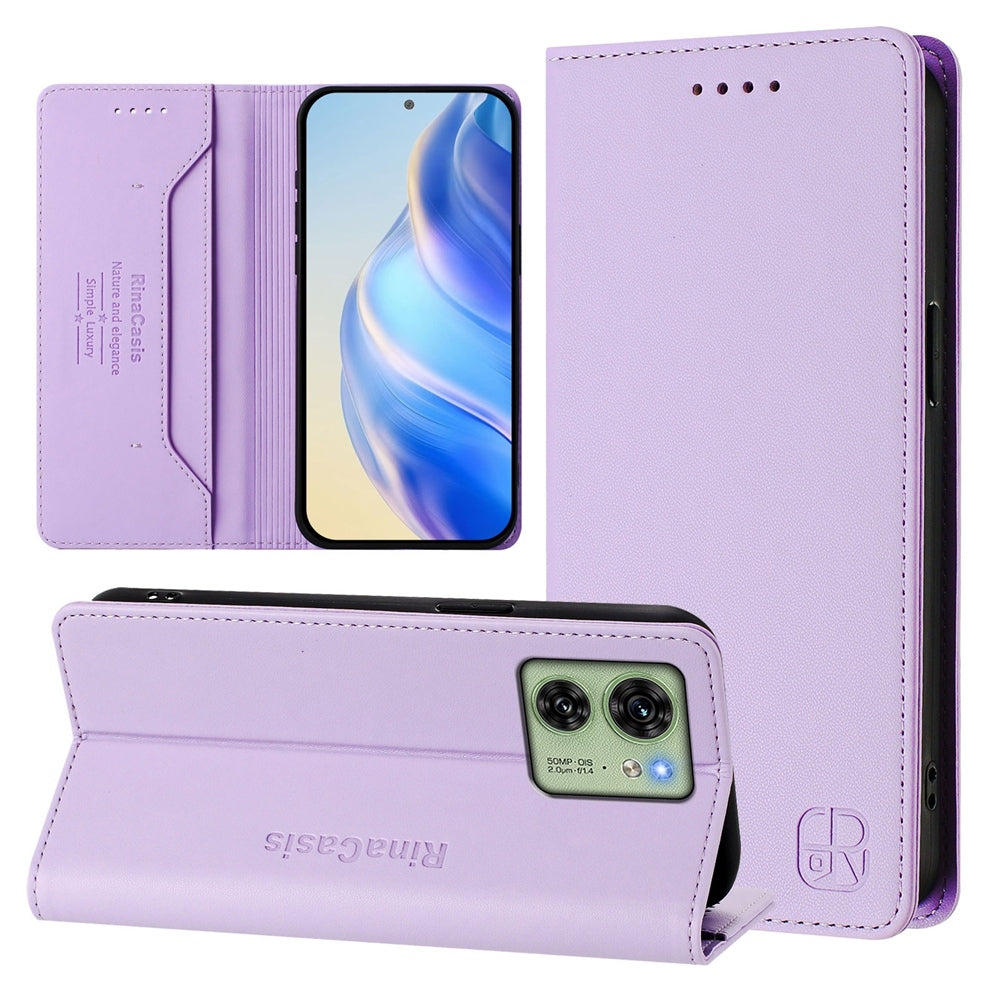 Motorola Edge 2023 US Dual-Folded Magnetic Suction RFID Blocking PU Leather Wallet Phone Case with Card Slots, Cash Pocket, Kickstand, Full Protective Flip Cover