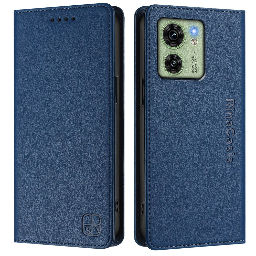 Motorola Edge 40 Dual-Folded Magnetic Suction RFID Blocking PU Leather Wallet Phone Case with Card Slots, Cash Pocket, Kickstand, Full Protective Flip Cover