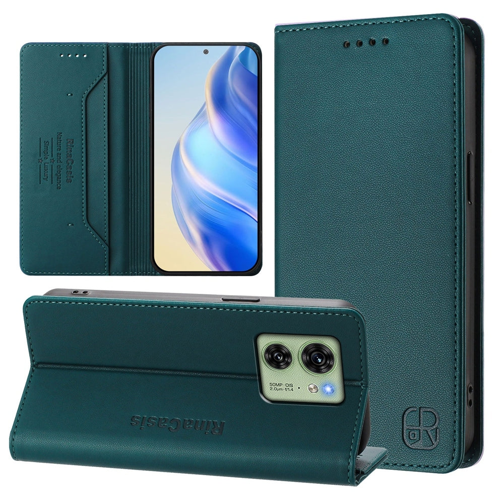 Motorola Edge 40 Dual-Folded Magnetic Suction RFID Blocking PU Leather Wallet Phone Case with Card Slots, Cash Pocket, Kickstand, Full Protective Flip Cover