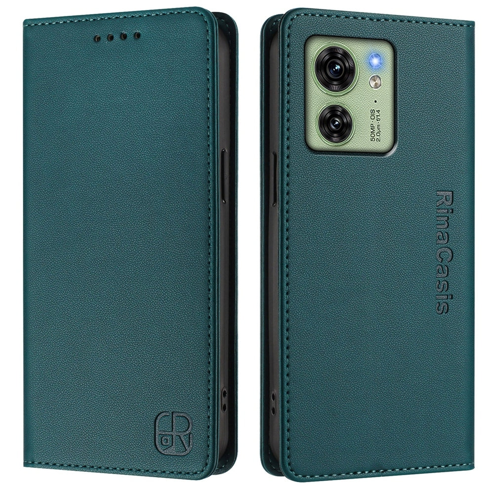 Motorola Edge 40 Dual-Folded Magnetic Suction RFID Blocking PU Leather Wallet Phone Case with Card Slots, Cash Pocket, Kickstand, Full Protective Flip Cover