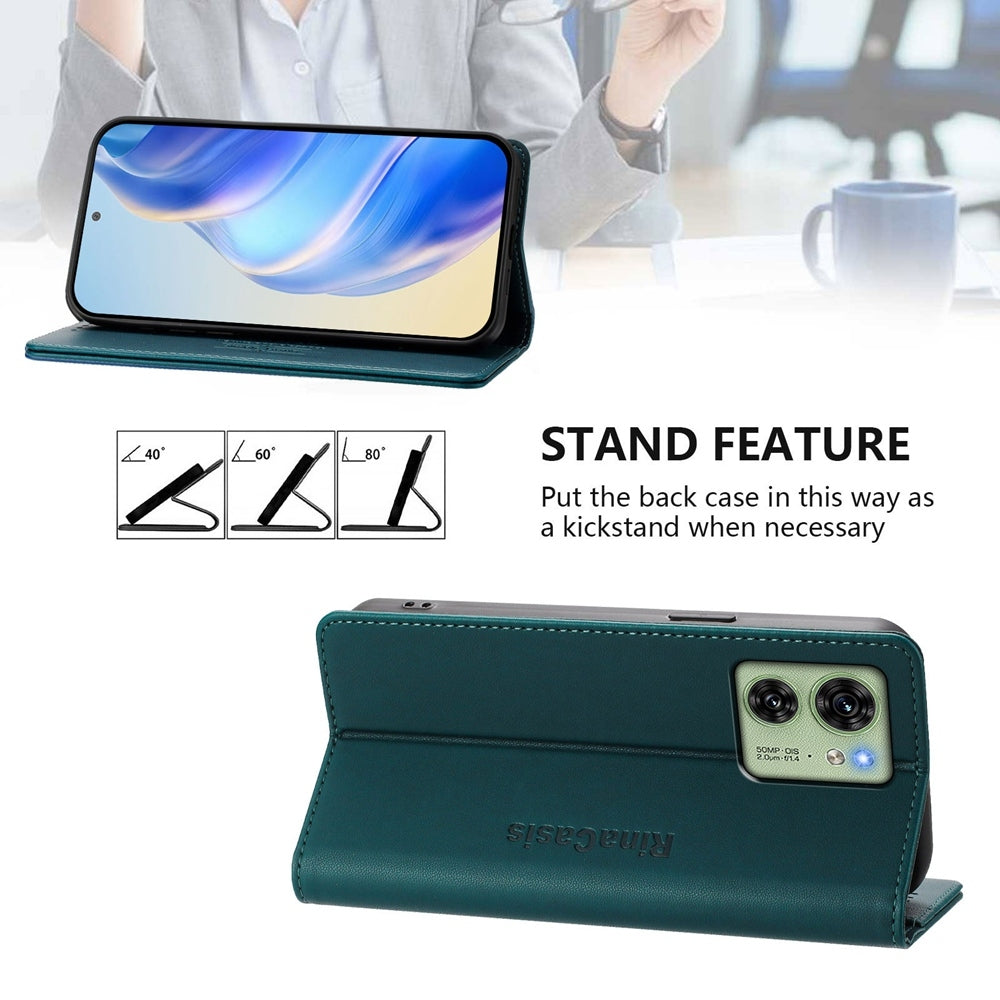Motorola Edge 40 Dual-Folded Magnetic Suction RFID Blocking PU Leather Wallet Phone Case with Card Slots, Cash Pocket, Kickstand, Full Protective Flip Cover