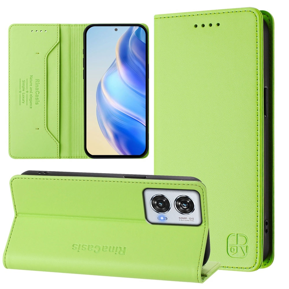 Motorola Edge 50 Fusion Dual-Folded Magnetic Suction RFID Blocking PU Leather Wallet Phone Case with Card Slots, Cash Pocket, Kickstand, Full Protective Flip Cover