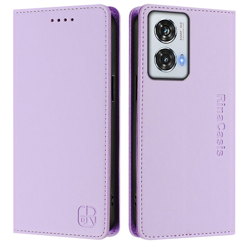 Motorola Edge 50 Fusion Dual-Folded Magnetic Suction RFID Blocking PU Leather Wallet Phone Case with Card Slots, Cash Pocket, Kickstand, Full Protective Flip Cover