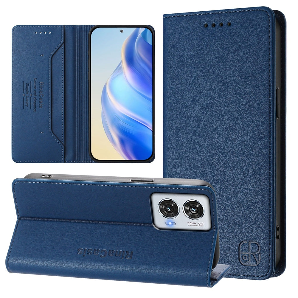 Motorola Edge 50 Fusion Dual-Folded Magnetic Suction RFID Blocking PU Leather Wallet Phone Case with Card Slots, Cash Pocket, Kickstand, Full Protective Flip Cover