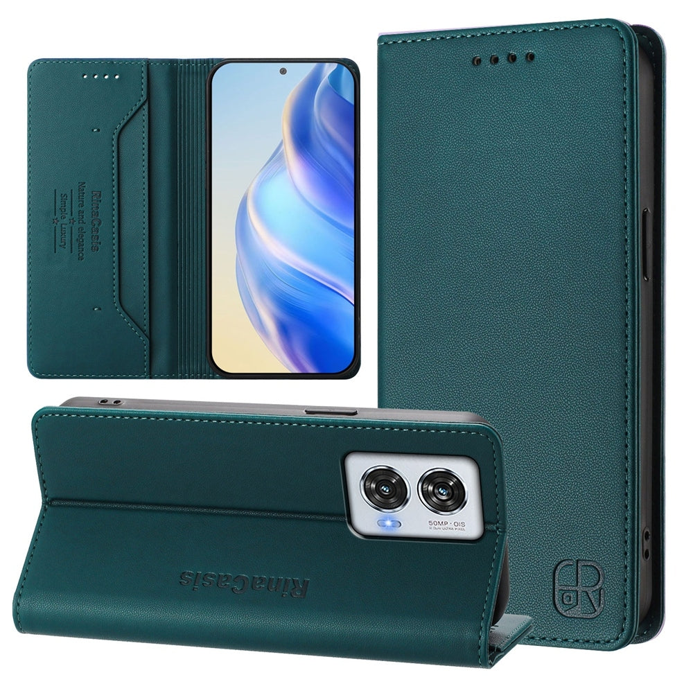 Motorola Edge 50 Fusion Dual-Folded Magnetic Suction RFID Blocking PU Leather Wallet Phone Case with Card Slots, Cash Pocket, Kickstand, Full Protective Flip Cover