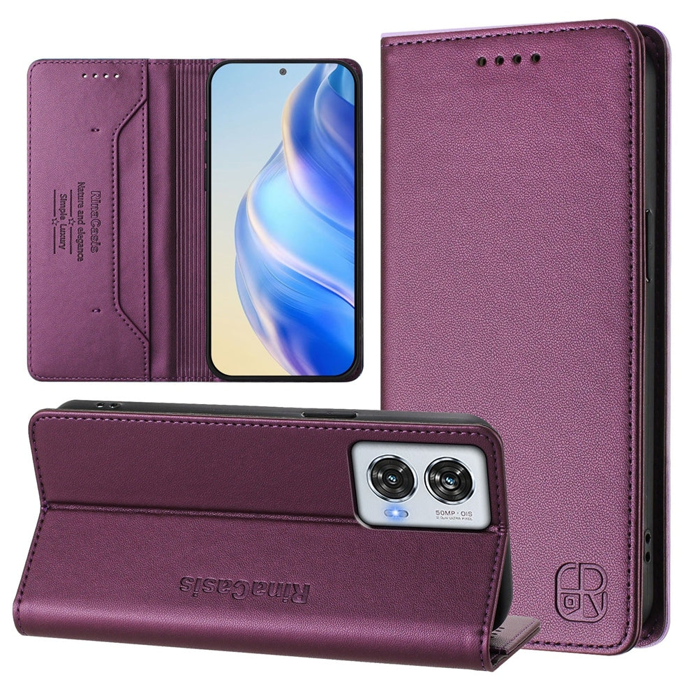 Motorola Edge 50 Fusion Dual-Folded Magnetic Suction RFID Blocking PU Leather Wallet Phone Case with Card Slots, Cash Pocket, Kickstand, Full Protective Flip Cover