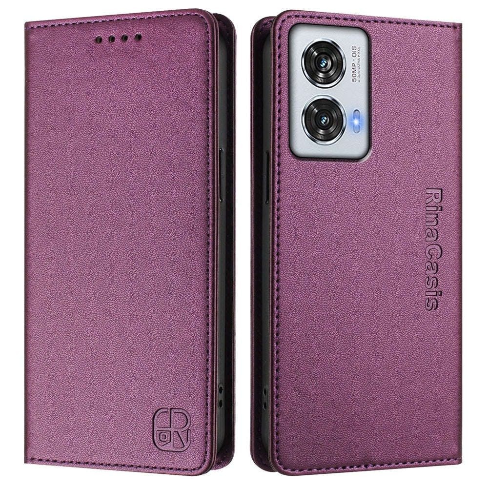 Motorola Edge 50 Fusion Dual-Folded Magnetic Suction RFID Blocking PU Leather Wallet Phone Case with Card Slots, Cash Pocket, Kickstand, Full Protective Flip Cover