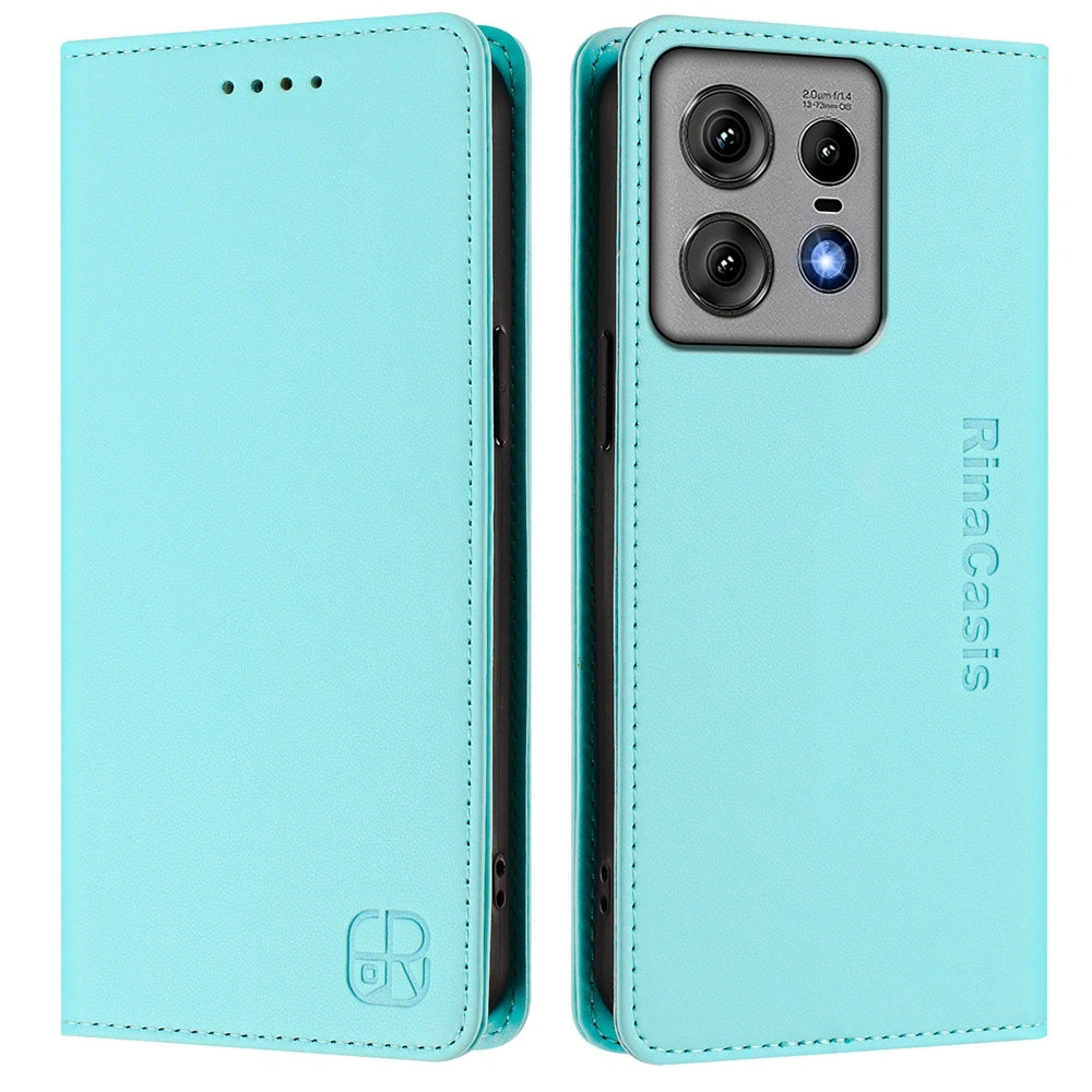 Motorola Edge 50 Pro Dual-Folded Magnetic Suction RFID Blocking PU Leather Wallet Phone Case with Card Slots, Cash Pocket, Kickstand, Full Protective Flip Cover