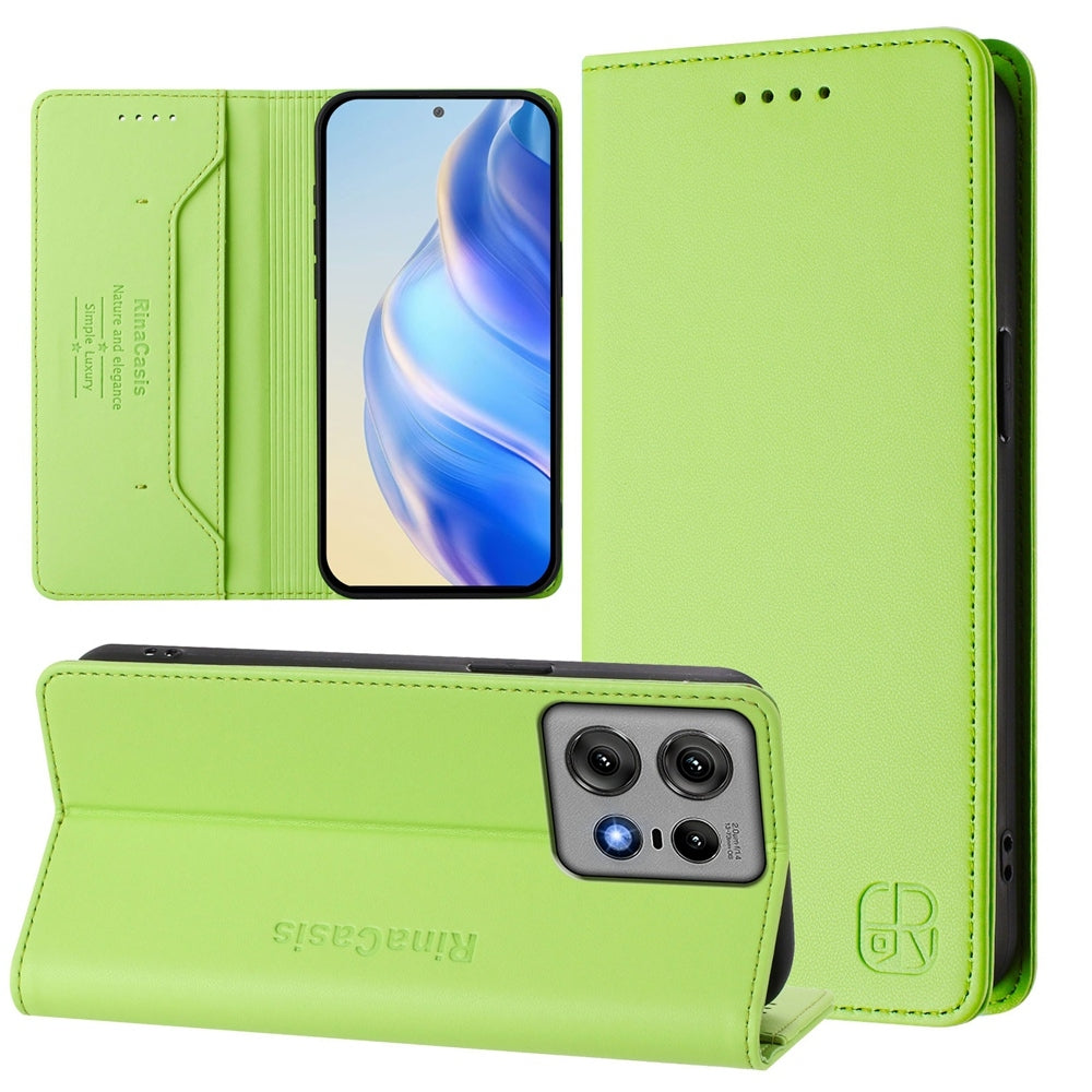 Motorola Edge 50 Pro Dual-Folded Magnetic Suction RFID Blocking PU Leather Wallet Phone Case with Card Slots, Cash Pocket, Kickstand, Full Protective Flip Cover