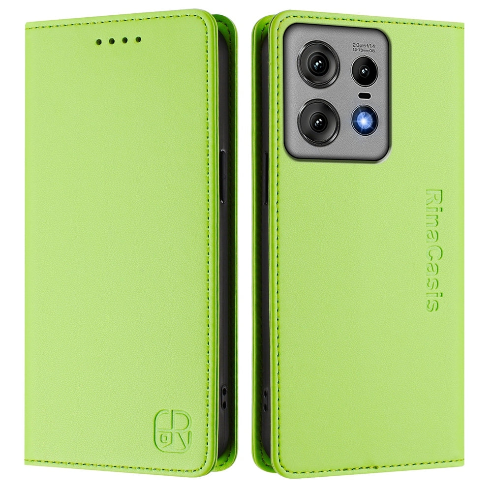 Motorola Edge 50 Pro Dual-Folded Magnetic Suction RFID Blocking PU Leather Wallet Phone Case with Card Slots, Cash Pocket, Kickstand, Full Protective Flip Cover