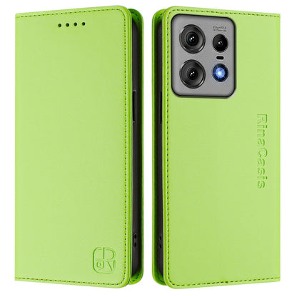 Motorola Edge 50 Pro Dual-Folded Magnetic Suction RFID Blocking PU Leather Wallet Phone Case with Card Slots, Cash Pocket, Kickstand, Full Protective Flip Cover
