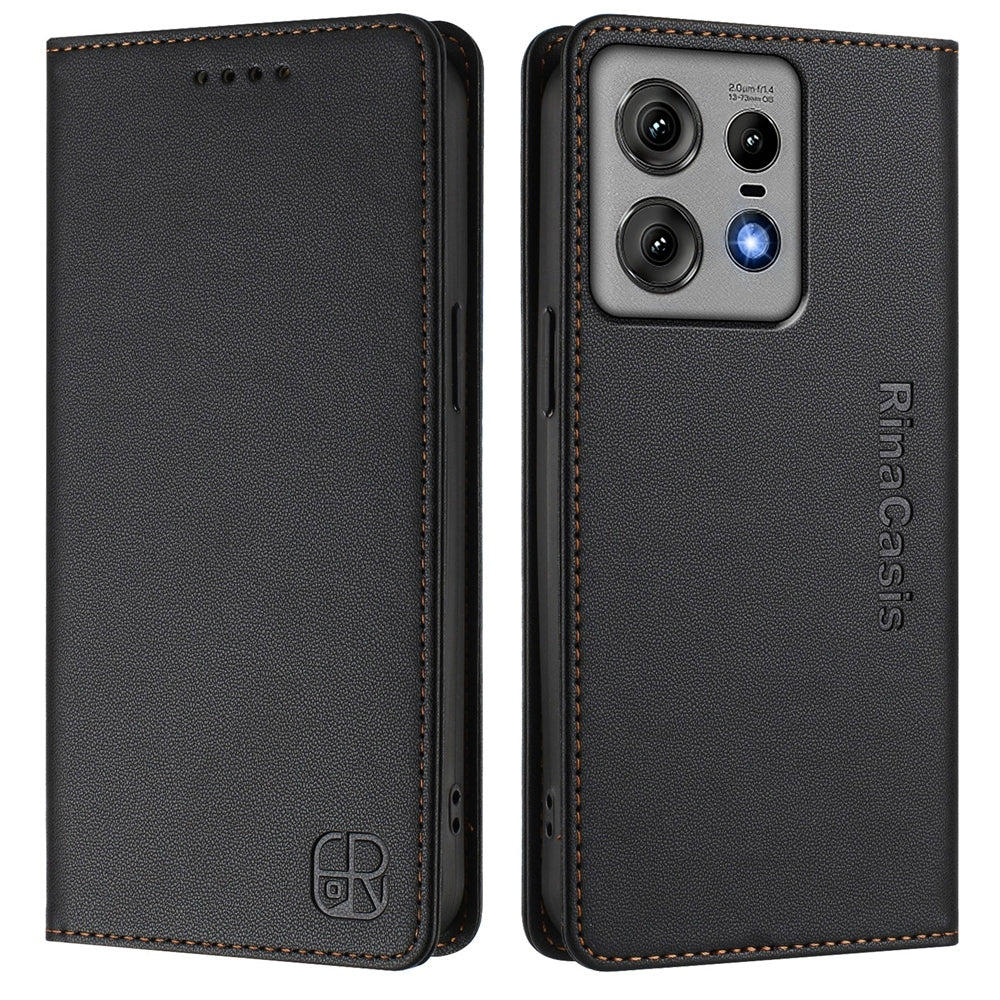 Motorola Edge 50 Pro Dual-Folded Magnetic Suction RFID Blocking PU Leather Wallet Phone Case with Card Slots, Cash Pocket, Kickstand, Full Protective Flip Cover