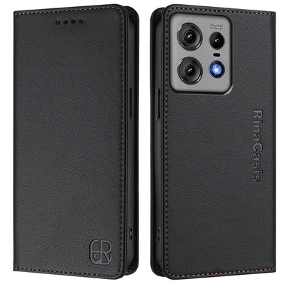 Motorola Edge 50 Pro Dual-Folded Magnetic Suction RFID Blocking PU Leather Wallet Phone Case with Card Slots, Cash Pocket, Kickstand, Full Protective Flip Cover