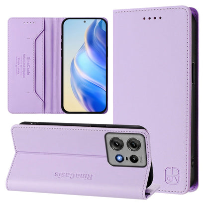Motorola Edge 50 Pro Dual-Folded Magnetic Suction RFID Blocking PU Leather Wallet Phone Case with Card Slots, Cash Pocket, Kickstand, Full Protective Flip Cover