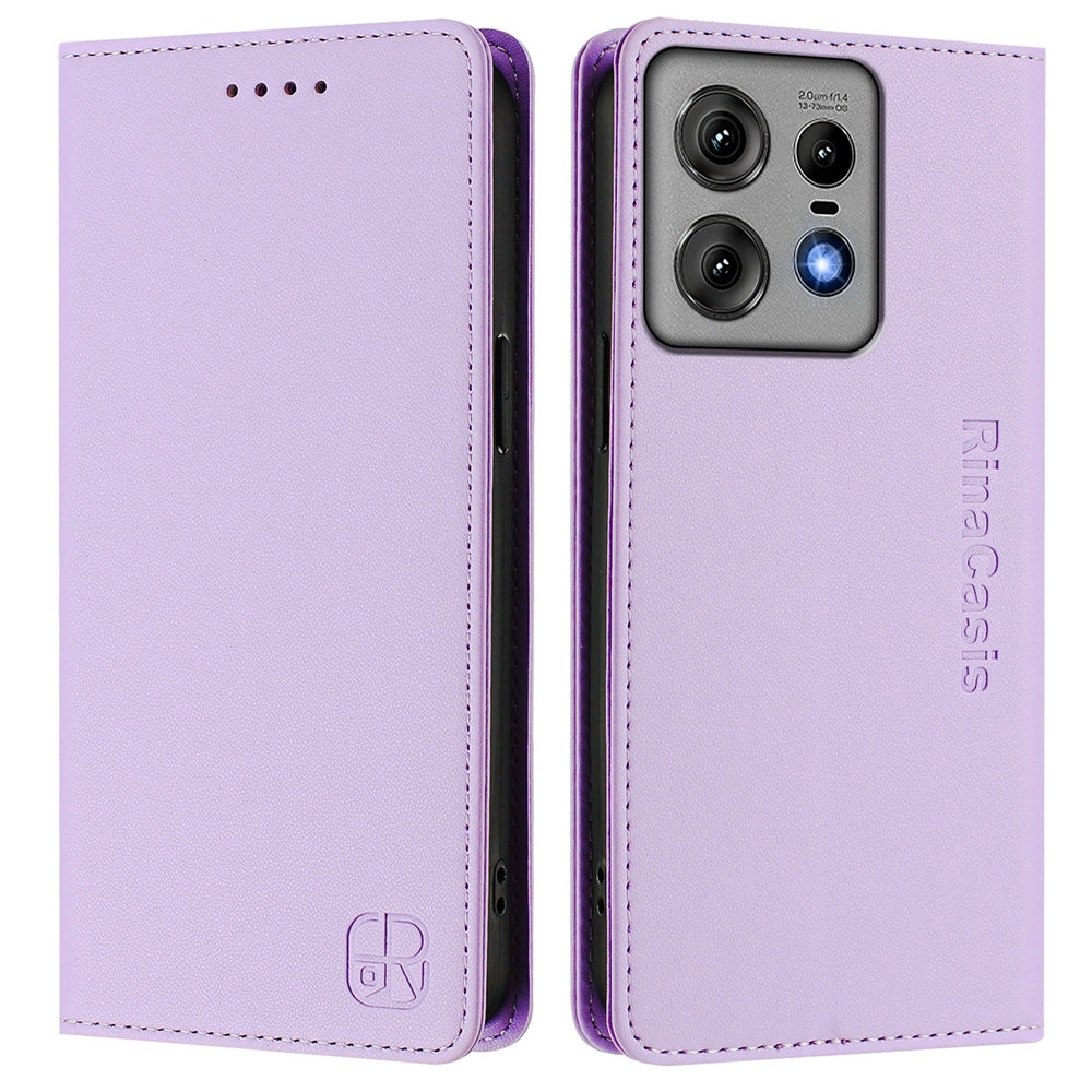 Motorola Edge 50 Pro Dual-Folded Magnetic Suction RFID Blocking PU Leather Wallet Phone Case with Card Slots, Cash Pocket, Kickstand, Full Protective Flip Cover