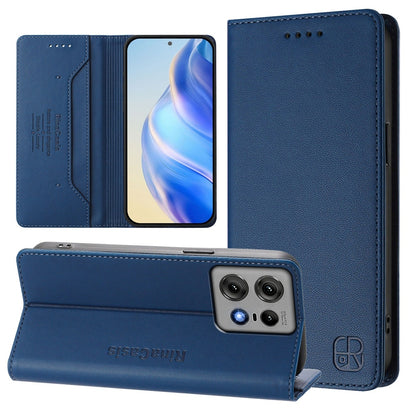 Motorola Edge 50 Pro Dual-Folded Magnetic Suction RFID Blocking PU Leather Wallet Phone Case with Card Slots, Cash Pocket, Kickstand, Full Protective Flip Cover