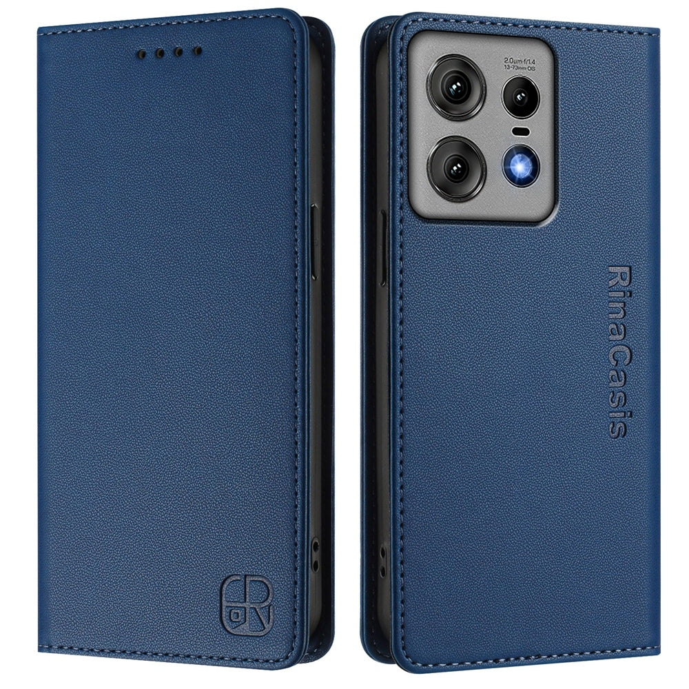 Motorola Edge 50 Pro Dual-Folded Magnetic Suction RFID Blocking PU Leather Wallet Phone Case with Card Slots, Cash Pocket, Kickstand, Full Protective Flip Cover