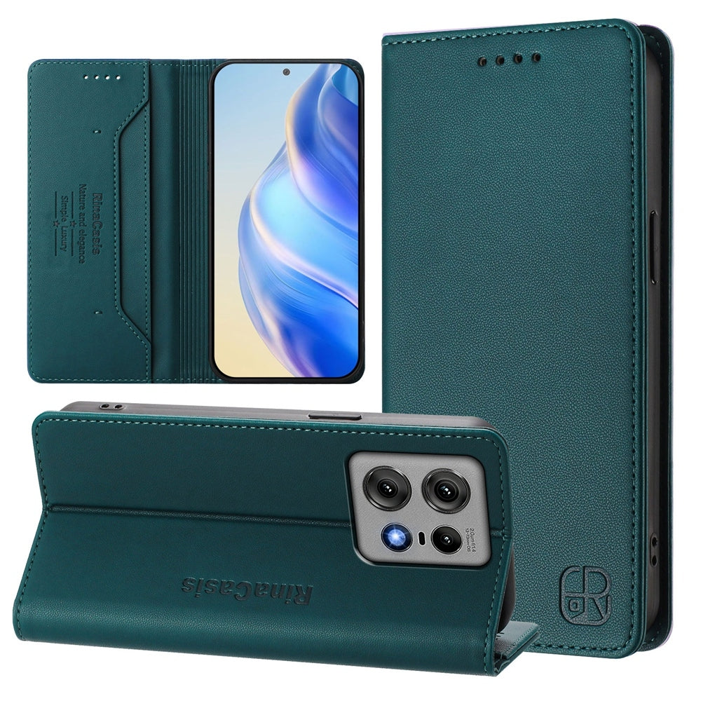 Motorola Edge 50 Pro Dual-Folded Magnetic Suction RFID Blocking PU Leather Wallet Phone Case with Card Slots, Cash Pocket, Kickstand, Full Protective Flip Cover