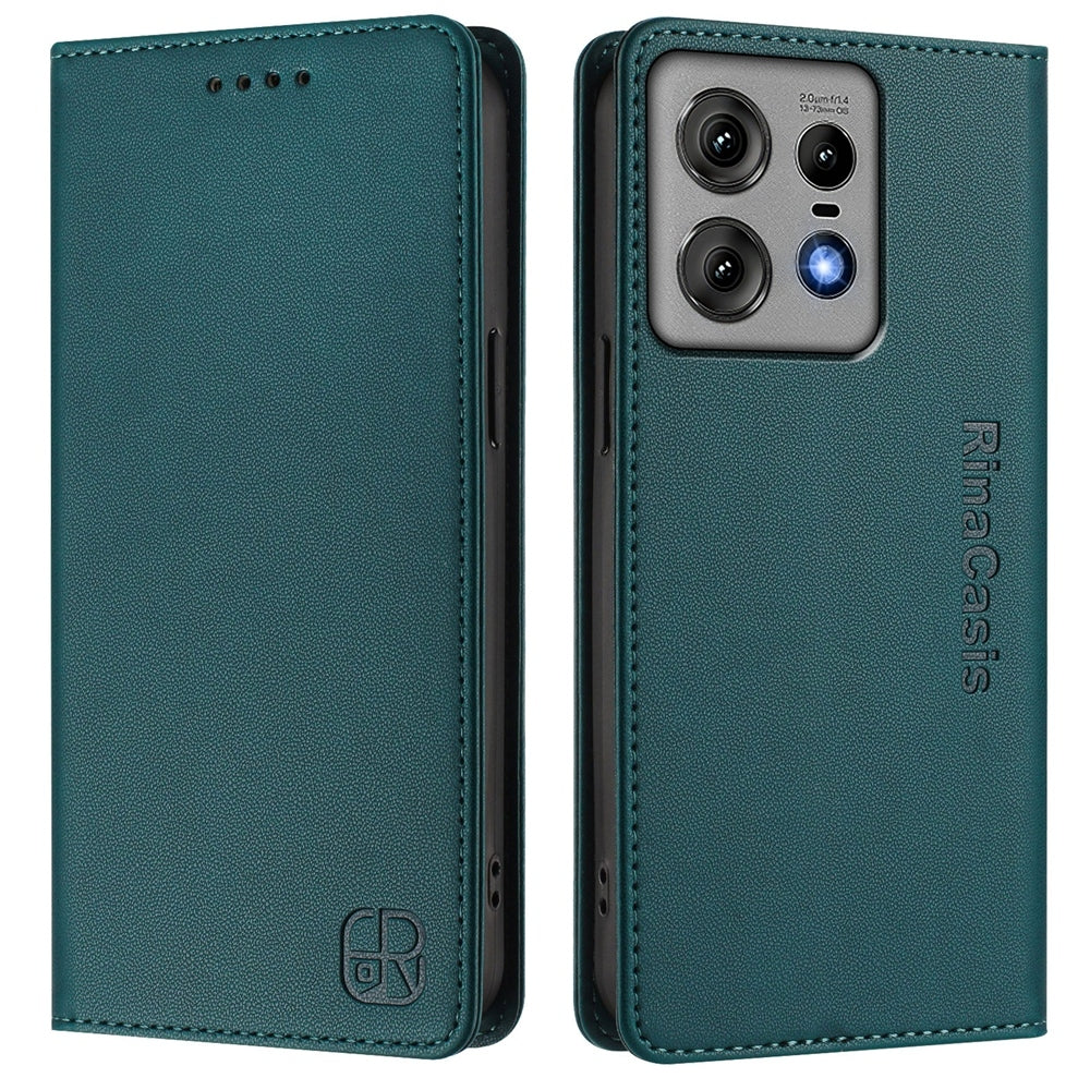Motorola Edge 50 Pro Dual-Folded Magnetic Suction RFID Blocking PU Leather Wallet Phone Case with Card Slots, Cash Pocket, Kickstand, Full Protective Flip Cover