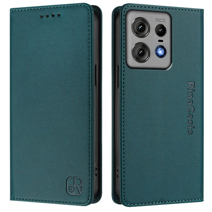 Motorola Edge 50 Pro Dual-Folded Magnetic Suction RFID Blocking PU Leather Wallet Phone Case with Card Slots, Cash Pocket, Kickstand, Full Protective Flip Cover