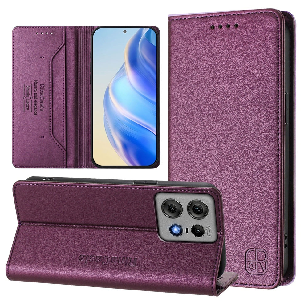 Motorola Edge 50 Pro Dual-Folded Magnetic Suction RFID Blocking PU Leather Wallet Phone Case with Card Slots, Cash Pocket, Kickstand, Full Protective Flip Cover
