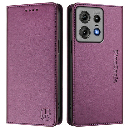 Motorola Edge 50 Pro Dual-Folded Magnetic Suction RFID Blocking PU Leather Wallet Phone Case with Card Slots, Cash Pocket, Kickstand, Full Protective Flip Cover