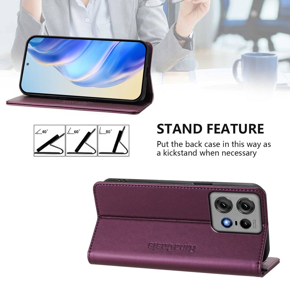Motorola Edge 50 Pro Dual-Folded Magnetic Suction RFID Blocking PU Leather Wallet Phone Case with Card Slots, Cash Pocket, Kickstand, Full Protective Flip Cover