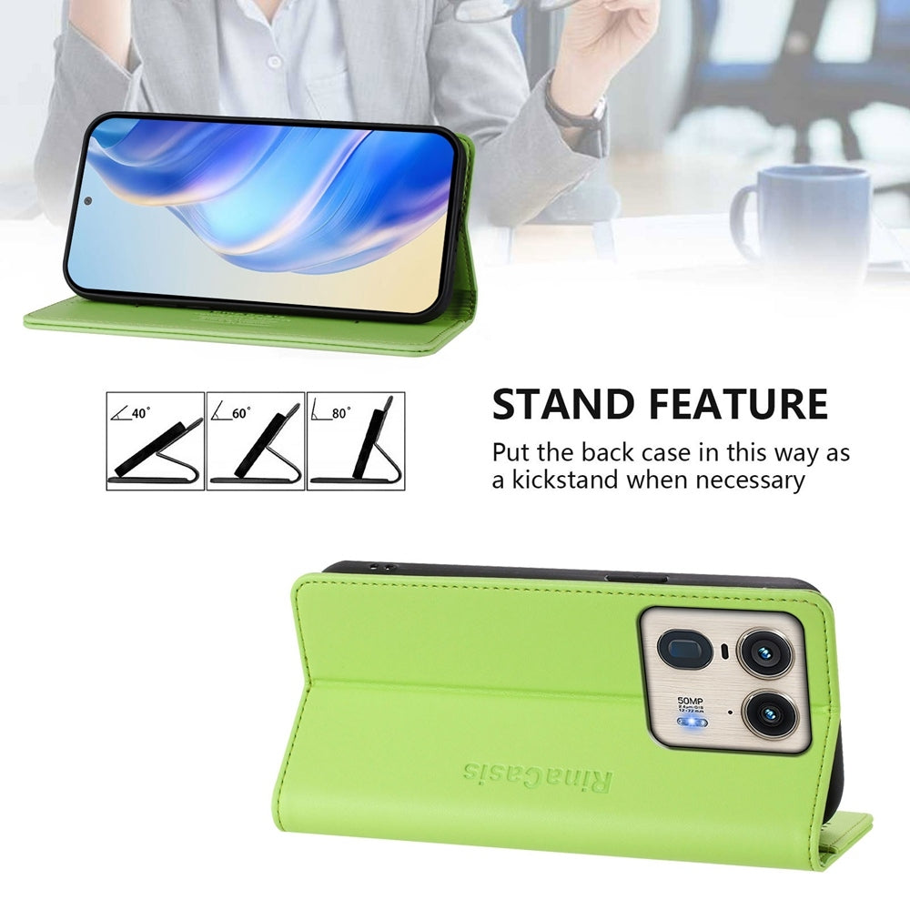 Motorola Edge 50 Ultra Dual-Folded Magnetic Suction RFID Blocking PU Leather Wallet Phone Case with Card Slots, Cash Pocket, Kickstand, Full Protective Flip Cover